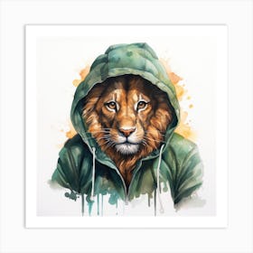Watercolour Cartoon Lion In A Hoodie Art Print