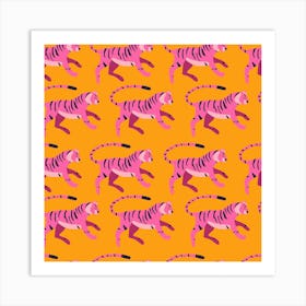 Bright Pink Tiger Pattern On Vibrant Orange Pattern Square Art Print