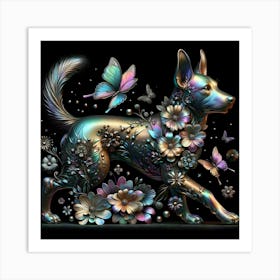 Dog With Butterflies And Flowers Art Print