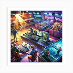 Futuristic Control Room With Multiple Monitors And Staff Members Art Print