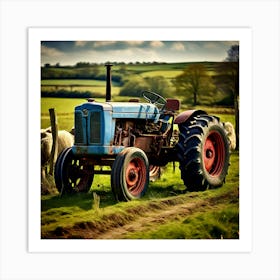 Old Blue Tractor Field Sheep Agriculture Vintage Farming Rural Machinery Pasture Livestoc (2) Art Print