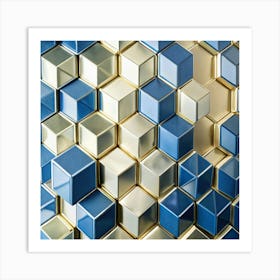 An abstract image of a geometric pattern formed by blue and gold cubes. Art Print