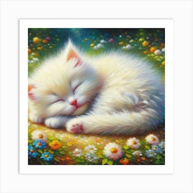 White Kitten Sleeping On Flowers Art Print