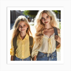 Two Girls With Backpacks Art Print