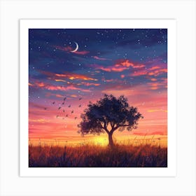 Sunset Landscape With Tree Art Print