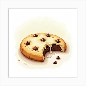 A Delicate Watercolor Portrait Of A Warm And Gooey Chocolate Chip Cookie With Milk Art Print