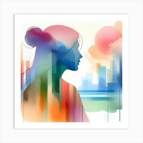 Watercolor Cityscape Illustration Of A Woman Art Print