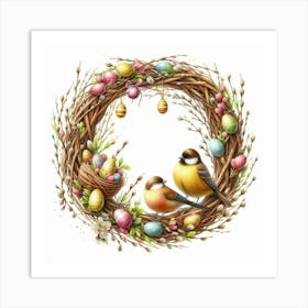 Easter Wreath With Nest, Birds And Dyed Eggs, Watercolor Painting Style Poster