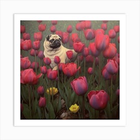 Pug In Tulips Art Print