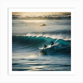 Two Surfers Riding A Wave Art Print