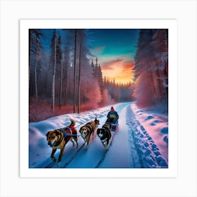 Sled Dogs At Sunset 2 Art Print