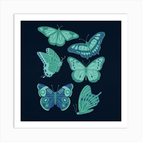 Texas Butterflies   Green And Blue On Navy Square Art Print