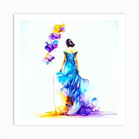 Pansy Fall Flowers - Woman In Blue Dress Art Print