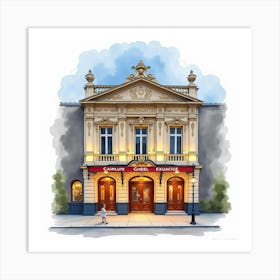 Watercolor Of A Parisian Theater Façade With Elegant Architecture And Lights 1 Art Print