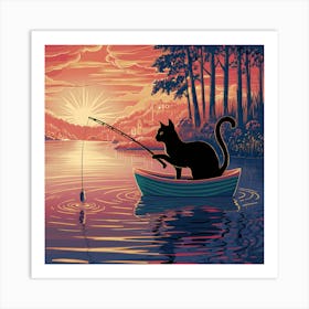 Cat Fishing In A Boat Art Print