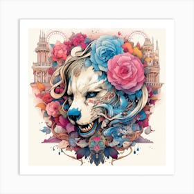 Wolf With Flowers Art Print