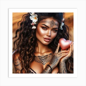 Tropical Tattooed Woman Holding A Heart Art Print