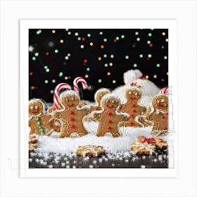 Gingerbread Men Clustered Together Exuding Holiday Cheer Amidst A Landscape Of Luminescent Gumdrops Art Print