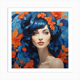 Blue Haired Woman - Illustrator And Pattern Style Woman Art Print