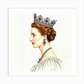 Watercolor Portrait Of Queen Elizabeth I, Jewel Encrusted Crown, Elegant 1 Art Print