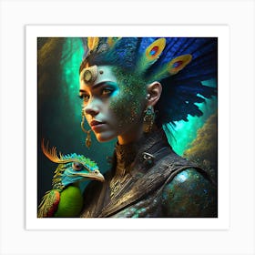 Firefly A Modern Illustration Of A Fierce Native American Warrior Peacock Iguana Hybrid Femme Fatale (8) 1 Art Print