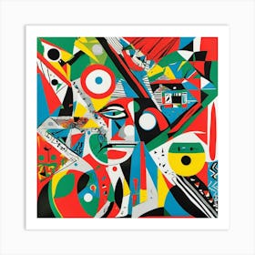 A colorful poster with various shapes and patterns, including eyes, musical notes, arrows, squares, circles, stars, lines, and abstract figures Art Print