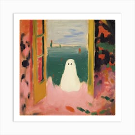 Open Window With A Ghost, Matisse Style, Spooky Halloween Square 1 Art Print
