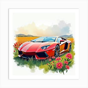 Watercolor Lamborghini Aventador Near A Vibrant Flower Field 1 1 Art Print