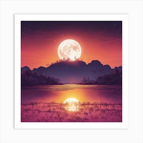 A Beautiful Big Moon Setting On The Horizon, The Sun Shines Through The Tops Of Rice Art Print