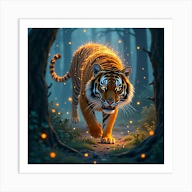 A Majestic Tiger With A Mane Of Sparkling Fireflies Prowling Through An Enchanted Forest 1 Art Print