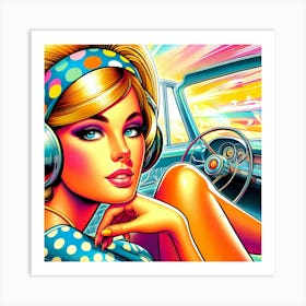 Retro Girl In A Car Art Print