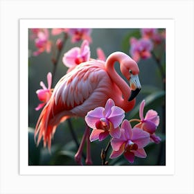 Flamingo With Vibrant Orchids 1 Art Print