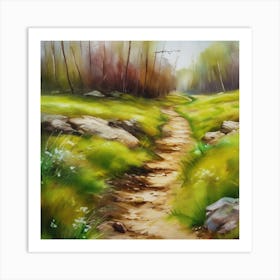 Path In The Woods.A dirt footpath in the forest. Spring season. Wild grasses on both ends of the path. Scattered rocks. Oil colors.21 Art Print