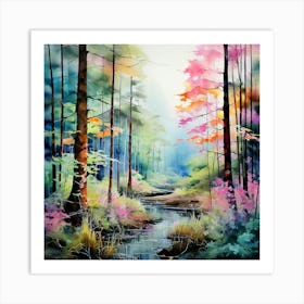 Watercolour Landscape Vibrant Wild Forest Art Print