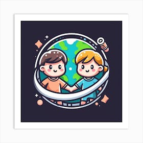 Couple Of Kids Holding Hands In Space Art Print