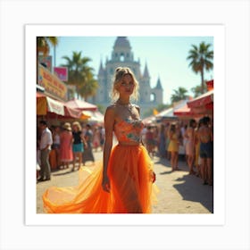 Stylish Lady In Watercolor Gown, Vibrant Festival Scene 1 Art Print