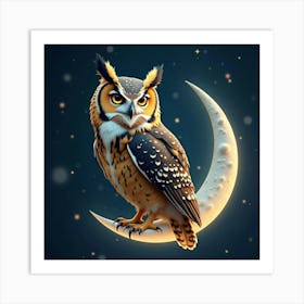 A Majestic Owl With Feathers Of Sparkling Stardust Perched On A Celestial Moon Art Print