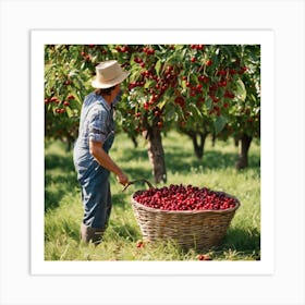 Farmer Picking Cherries In The Orchard Art Print