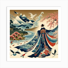 Asian Woman With Birds Art Print