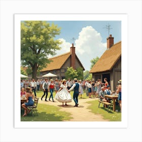 An English Countryside Barn Dance With People Enjoying The Festivities, Watercolor 1 Art Print