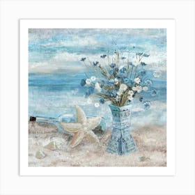 Blue Flowers On The Beach Wall Art for Bathroom Decor: Blue Beach Picture with Ocean Theme Modern Coastal Seascape Painting with Floral Canvas Print and Framed Seaside Artwork Indian vase with flower daisy for Home Sea Lake Art Print
