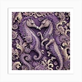 Seahorses On Purple Background Art Print