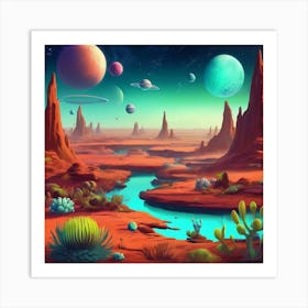 Alien landscape with otherworldly plants, strange creatures, and distant planets Art Print