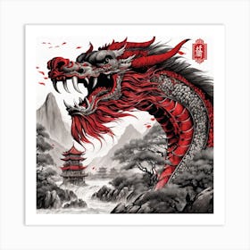 Chinese Dragon Mountain Ink Painting (142) Art Print