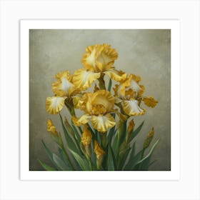 Golden Elegance Intricate Yellow Irises Against A Muted Backdrop (2) Art Print