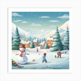 Winter Village With Snowman 1 Art Print