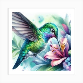 Hummingbird and Flower: A Realistic Watercolor Painting of a Beautiful Nature Scene 1 Art Print