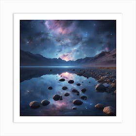 Reflection Of A Beautiful Moonscape And Galactic Sky With Many Nebulae And Stars Over A Placid Mountain Lake Art Print