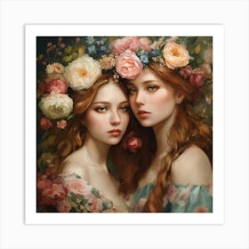 Shabby Floral Girls In The Style Of Realism (6) Art Print