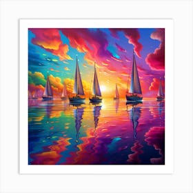 Sailboats At Sunset 4 Art Print